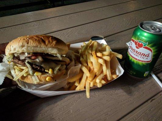 Brazilian burger. Comes with the beef patty, ham, an egg, corn some potato sticks + sumn else, but it's definitely tasty.
