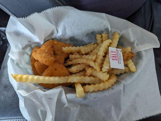 Fried macaroni and cheese bites and fries.