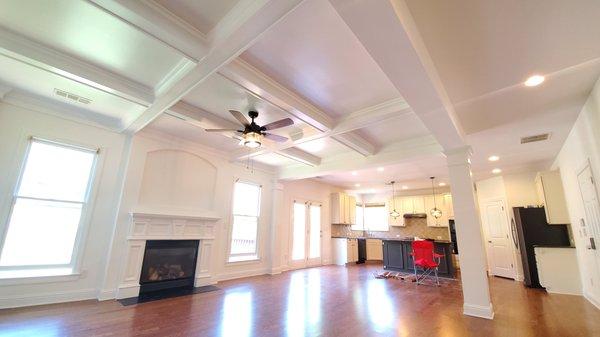 All White Living Room and coffered ceiling