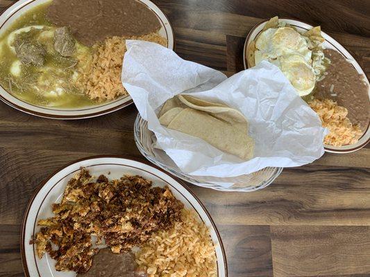 Chorizo and eggs, huevos rancheros, and chilaquiles