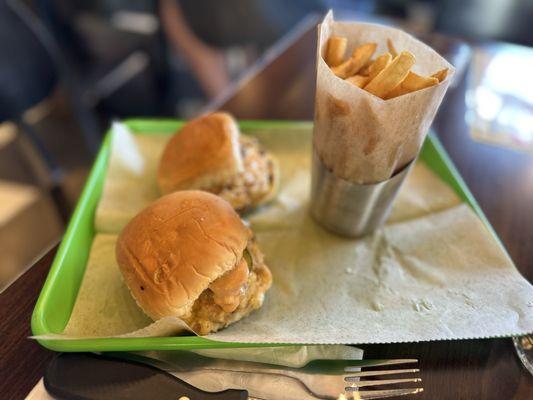Two Wagyu Smash burgers with fries.