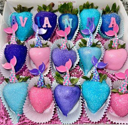 Little Mermaid gourmet chocolate covered strawberries, with edible letters.