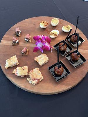 Steak bruschetta, pimento grilled cheese with seasonal jam, chipotle deviled eggs, and bourbon bbq meatballs