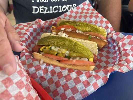 Two Chicago dogs loaded up and delicious