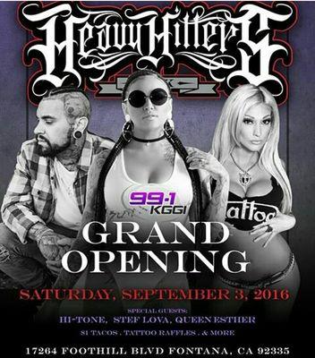 Heavy Hitters Ink is having a Grand Opening Saturday September 3rd, 2016 at the Palmetto Plaza 17264 E. Foothill Blvd...