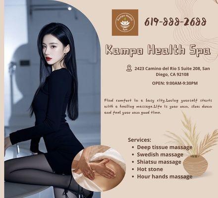 Welcome to Kampo Wellness Spa. Rooms have been upgraded. Open from 9:00 AM to 9:00 PM weekly.