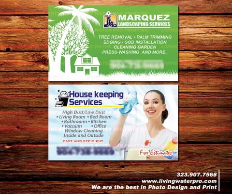 Business Cards Printing for landscaping, gardening, house keeping, cleaning.. Imprenta de tarjetas de presentation para limpieza