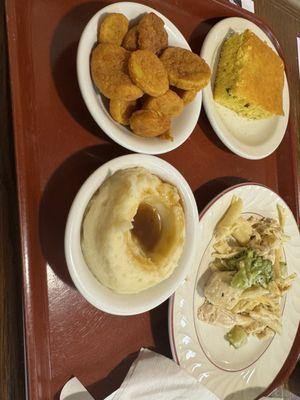 Chicken broccoli Alfredo, mashed potatoes & gravy, fried squash, jalapeño cornbread