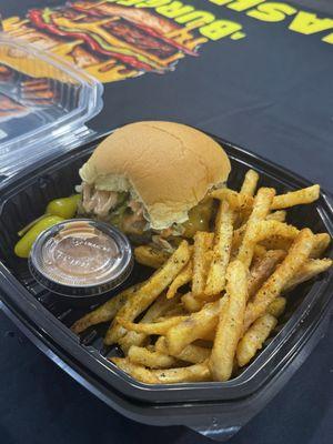 Double Smash Burger Combo with fries and a side of Ohh My Sauce