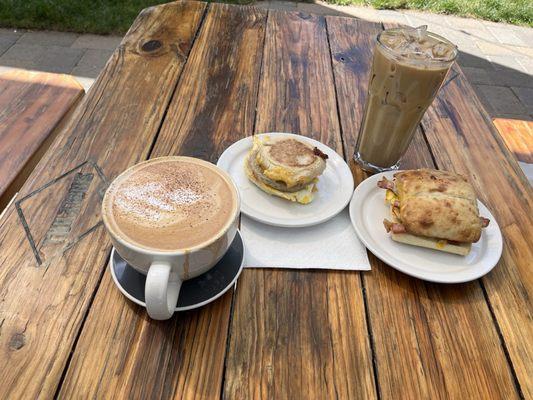 Mexican Mocha, breakfast sandwiches, iced latte
