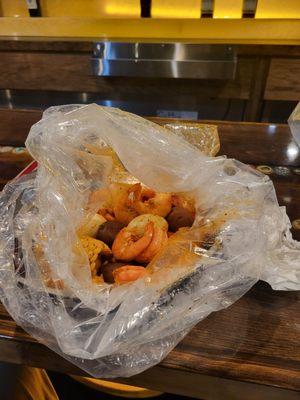 #2. Shrimp,  Sausage,  Potatoes,  Corn, Boiled Eggs perfectly paired with Cajun Hot boil.