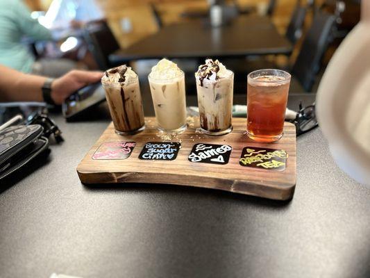 Coffe flight was fun! Ended up ordering the raspberry tea on the end to go!