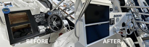 We have transformed this black textured helm into a white gel coat matched color, simplifying the helm system. Two 16" screens vs. 12".