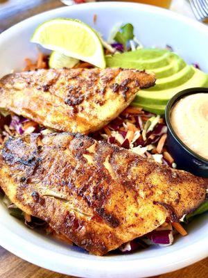 Snapper bowl with greens and slaw