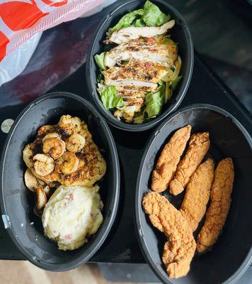 Caesar salad Fried Chicken breast Baked chicken with shrimp and mashed potato