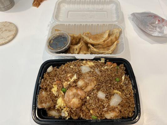 Shrimp fried rice and deep fried pot stickers. Nice and big size shrimps.