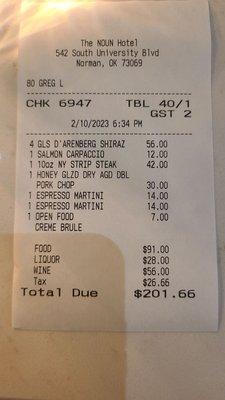 Dinner receipt. Prices in the expected range. $$$$