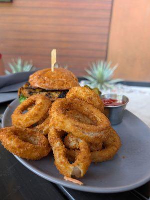 Cajun grilled chicken sandwich and onion rings