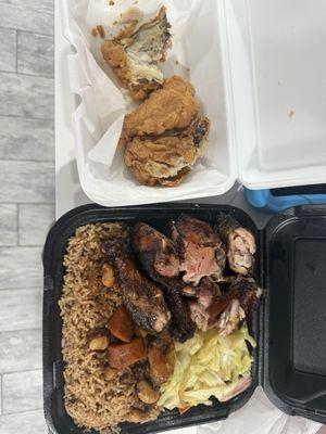 Large lunch order of jerk chicken/rice and peas with a side of Jamaican fried chicken