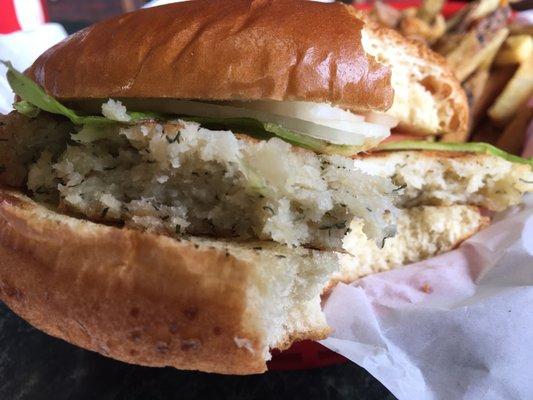 This is what they call a "halibut burger". It was more a breading burger, no halibut to it. Blech!!