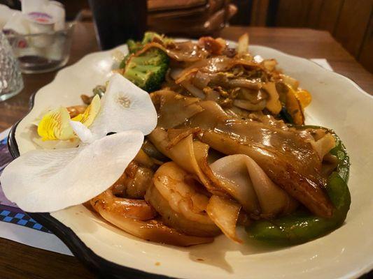 Drunken Noodles with shrimp as the protein choice