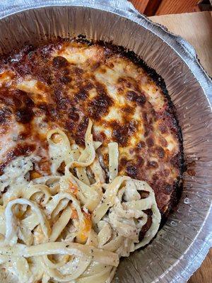 Doesn't look that burnt from the top, bottom was very black, can see it from the sides a bit. Maybe too low in an oven. Fettuccini a bit dry