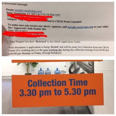 Top: email from CKGS saying collection hours are from 4:00 PM to 6:00 PM. Bottom: notice saying collections are from 3:30 PM to 5:30 PM.