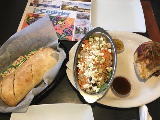 1/4 Chicken and quinoa and kale salad with fresh bread for lunch with the hubby