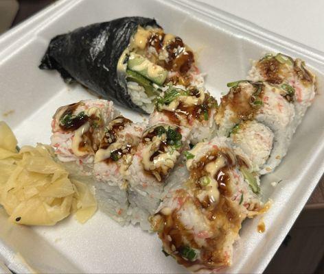 Tempura hand roll and Snow roll.