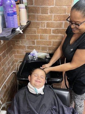 Her first professional hair wash