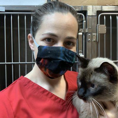 Sunan, the temporary clinic cat, with Beth. He's since found his forever home!