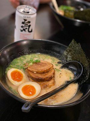 Tonkatsu ramen with white strawberry and coconut sparkling water
