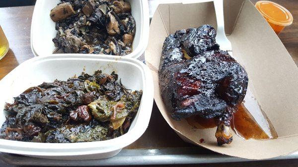 Half chicken with dirty greens and dirty schrooms. $18