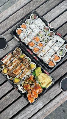 7 maki roll combo (salmon skin, eel avocado, shrimp tempura, black pepper tuna, spicy salmon, spicy tuna, and the red snapper cucumber)
