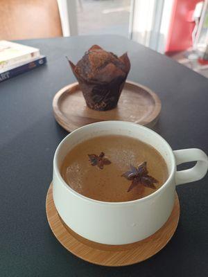 Star Anise Decaf Tea w honey + Double Chocolate Muffin
