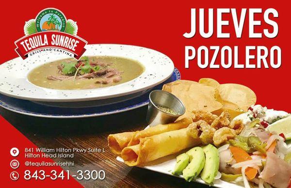 Pozole very traditional platter from Guerrero México every Thursday, also all adults drinks Mezcal something closer to Tequila