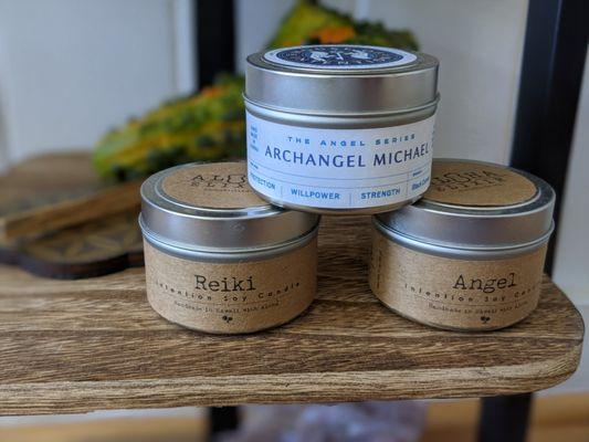 Intention candles magickally charged and crystal infused. Made locally on Oahu.