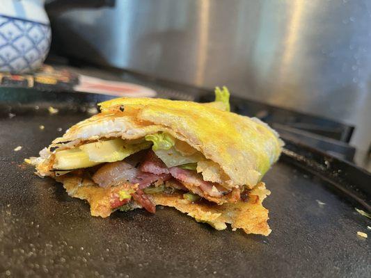 Jianbing Chinese style omelette wrap with bacon