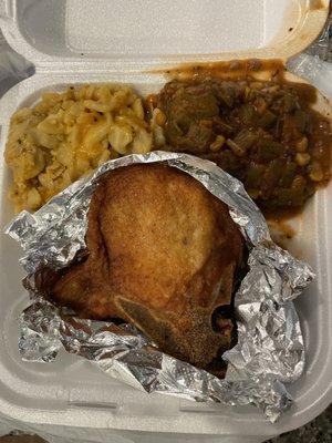 Pork chop, Macaroni and Cheese, and okra soup