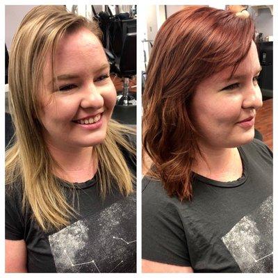 Before, tired blonde that's not been done in 7 months. After, loving the new red we chose !