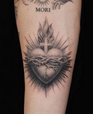 Black and grey Sacred Heart tattoo