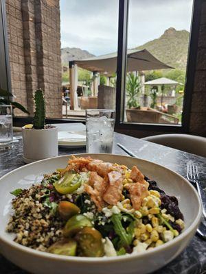 Cobb salad comes with warm salmon. Delicious!