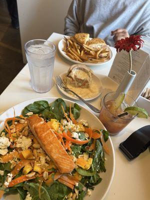 Salmon salad, Bloody Mary, cinnamon roll, Cuban sandwich
