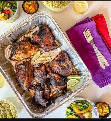 Char grilled Peruvian chicken , mango pineapple relish, cilantro lime rice, Cabbage, Amarillo sauce