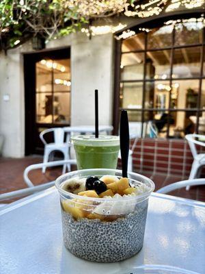 Chia Pudding and Oat Milk Matcha Latte with lavender