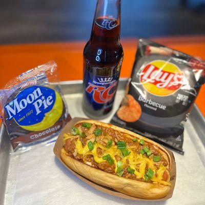 Chili Cheesy Coney, MoonPie, Lays BBQ Chips and RC Cola