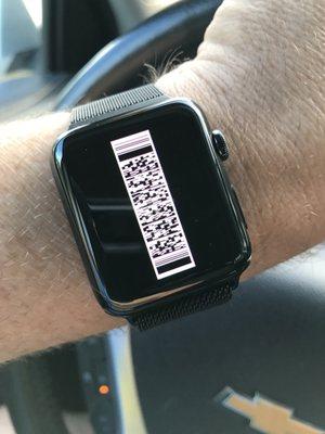 Double tap the home screen of the reward pass in your wallet and you will get a full-size Qr co they  can scan on your watch