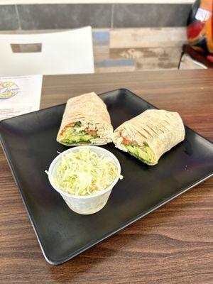 Gluten Free Chicken Avocado wrap with delicious Cole slaw