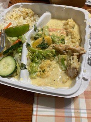 Pollo en Crema uncooked hard rice, pink raw chicken