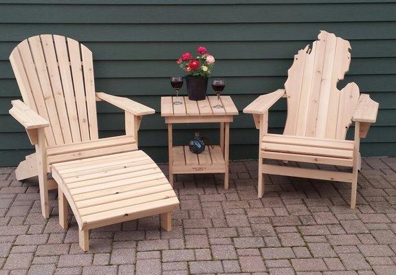 White cedar Michigan Adirondack chair, Traditional Adirondack chair, side table, ottoman
